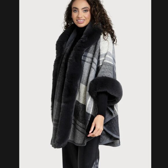 SAACHI Jackets & Blazers - Blair Faux Fur Plaid Hooded Cape SAACHI NEW